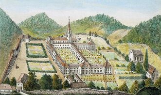 Luftansicht der Klosteranlage Tennenbach vor 1800, gezeichnet und radiert von M. Scherm