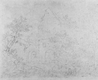 Küferhof mit Nordgiebel des Herbsthauses der Hochburg bei Emmendingen, angetuschte Kreidezeichnung von Goethe