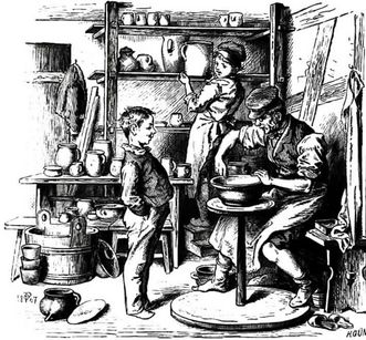 Töpfer bei der Arbeit mit (seinen) Kindern, Holzstich von Pletsch und H. Günther, 1867
